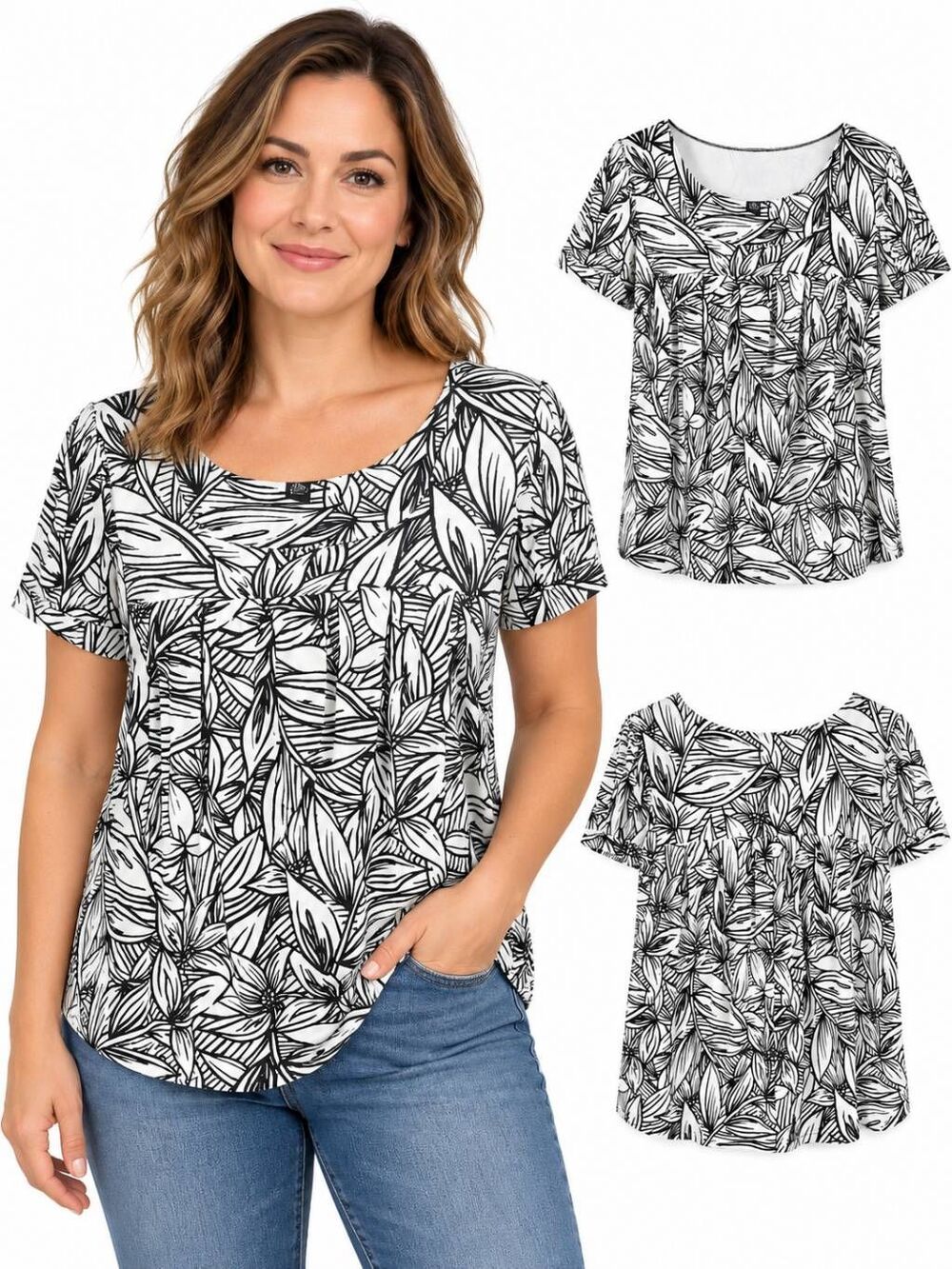 Rafaella Black White Floral Blouse XL Stretch